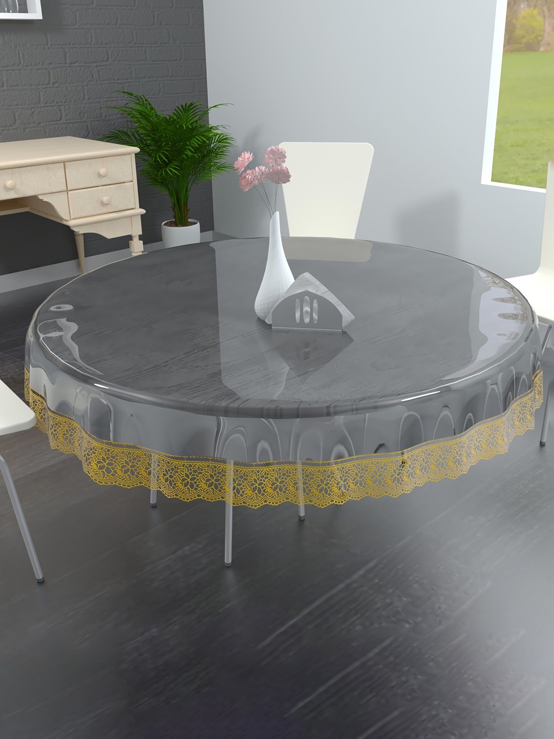 

TANLOOMS Transparent & Gold Toned Waterproof Round 6-Seater Table Cover