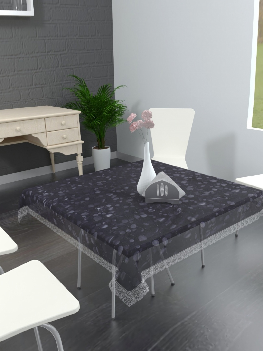 

TANLOOMS Transparent & Silver Toned Printed Waterproof Plastic 4-Seater Table Cover