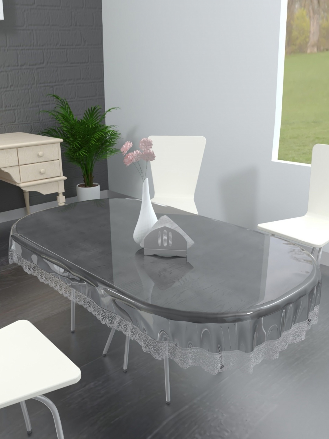 

TANLOOMS Transparent & Silver Toned Waterproof Oval 6-Seater Table Cover