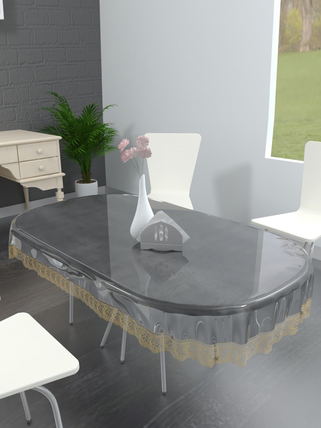 

TANLOOMS Transparent & Gold Toned Waterproof Oval Shaped Table Cover