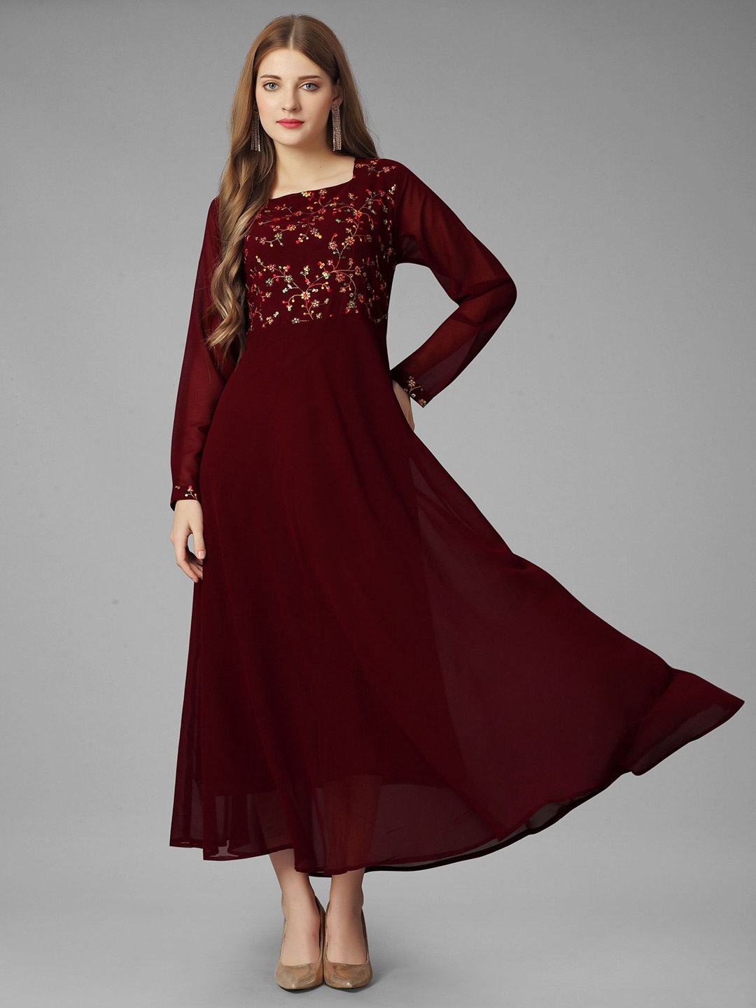 

Fashion FRICKS Floral Embroidered Maxi Dress, Maroon