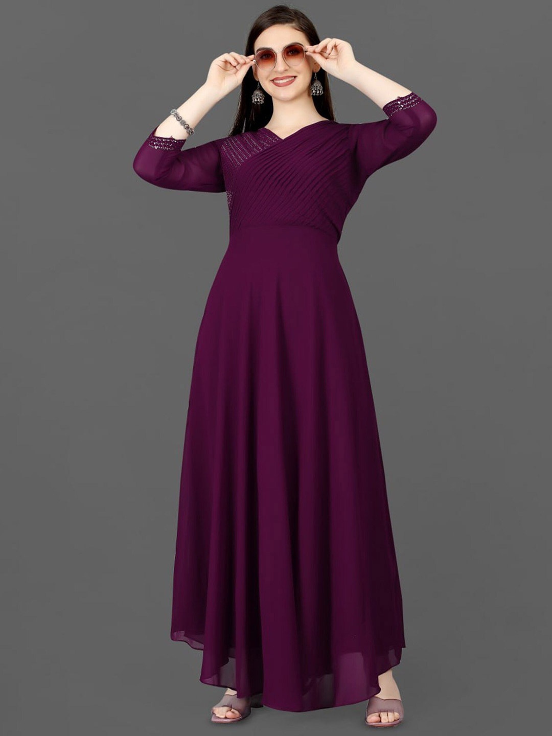 

Fashion FRICKS V-Neck Pleated Georgette Maxi Dress, Purple