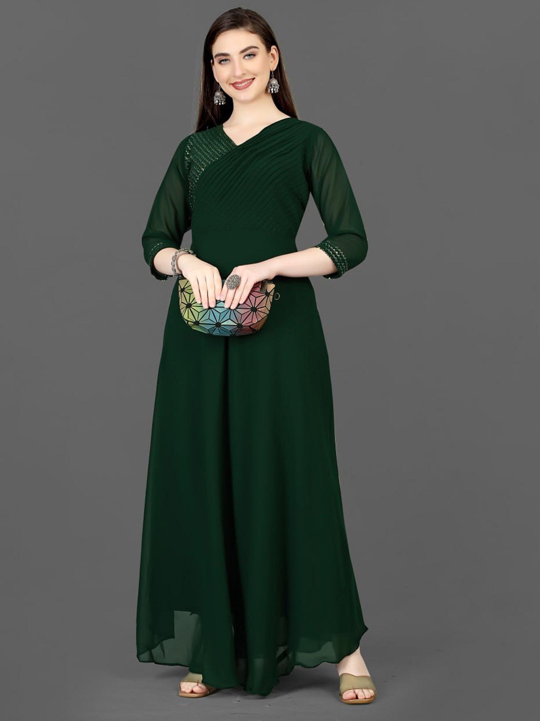 

Fashion FRICKS Pleated Georgette Maxi Dress, Green