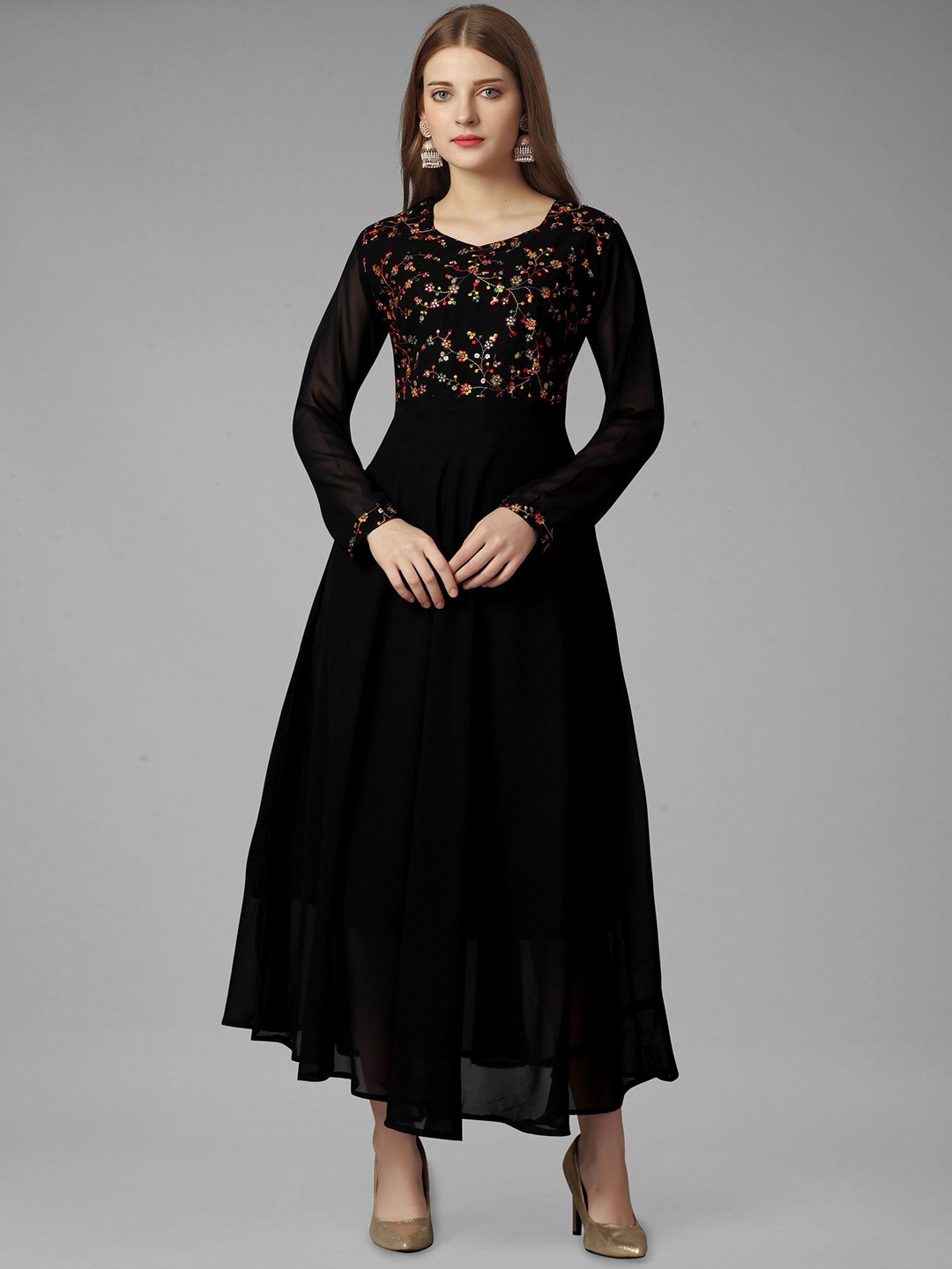 

Fashion FRICKS Floral Embroidered Maxi Dress, Black