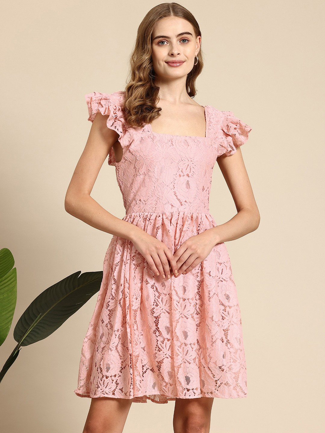 

Mast & Harbour Flutter Sleeves Fit & Flare Dress, Peach