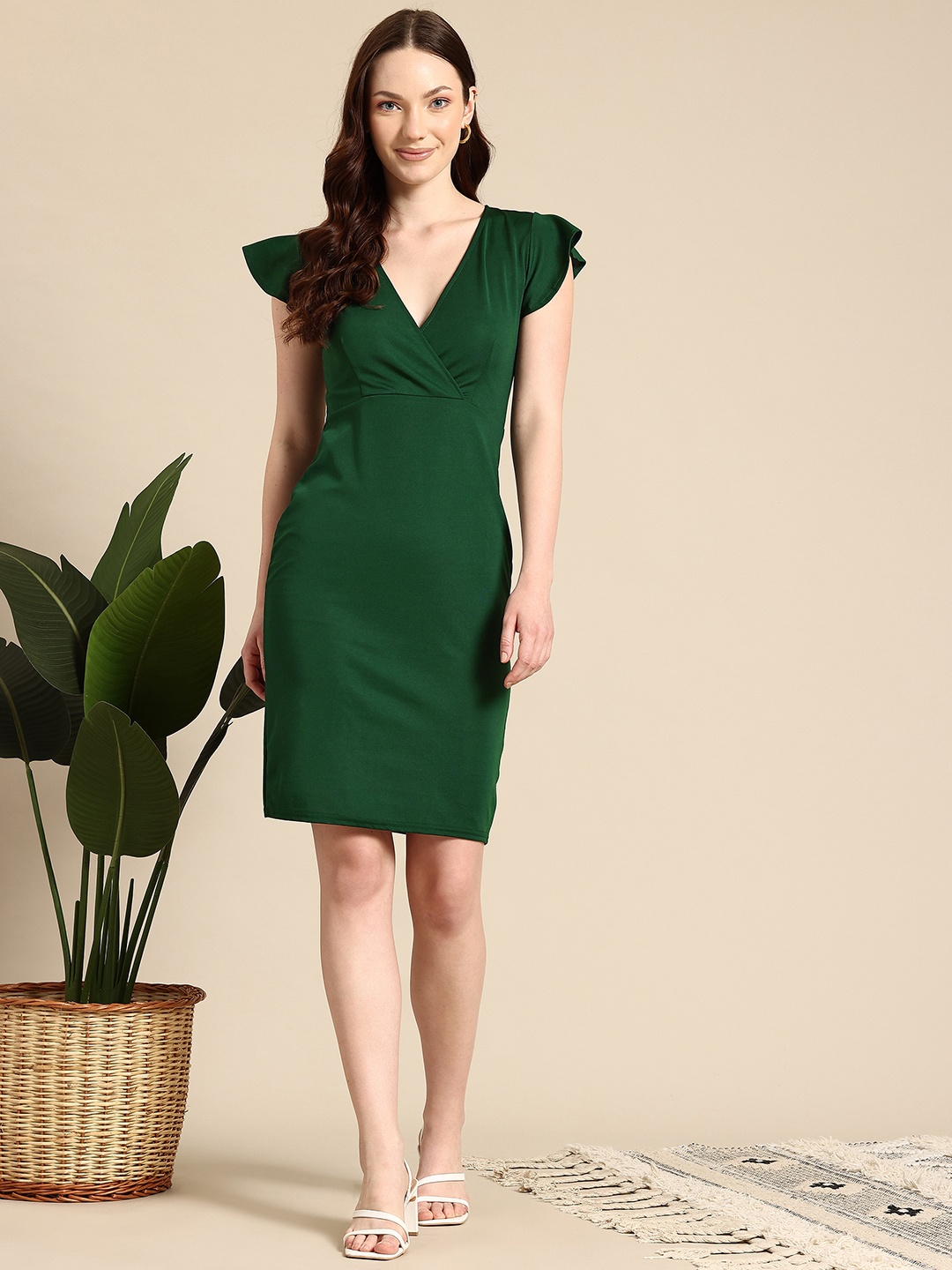 Mast & Harbour Flared Sleeves Bodycon Dress, Green