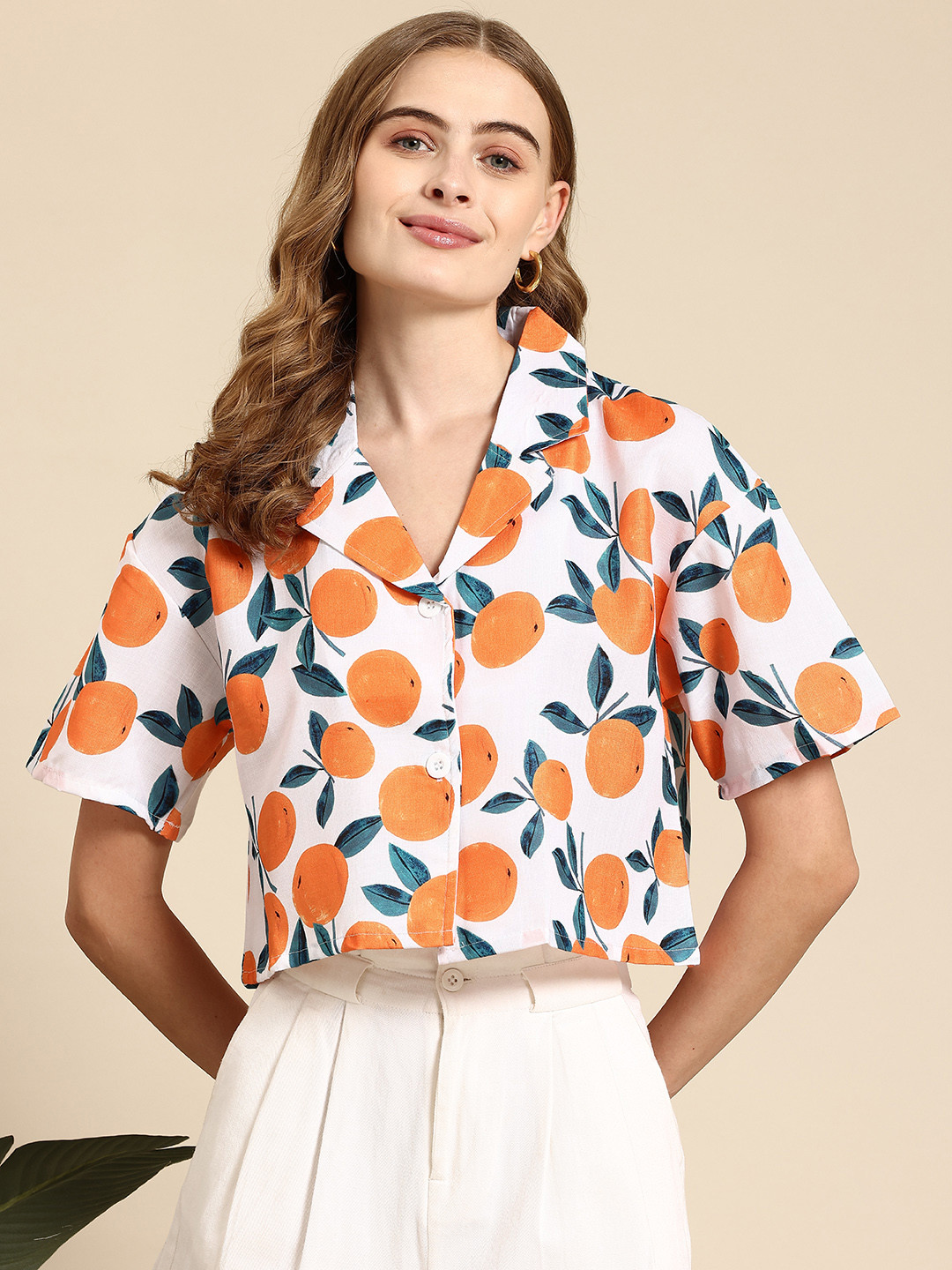 

Mast & Harbour Classic Printed Crop Casual Shirt, White