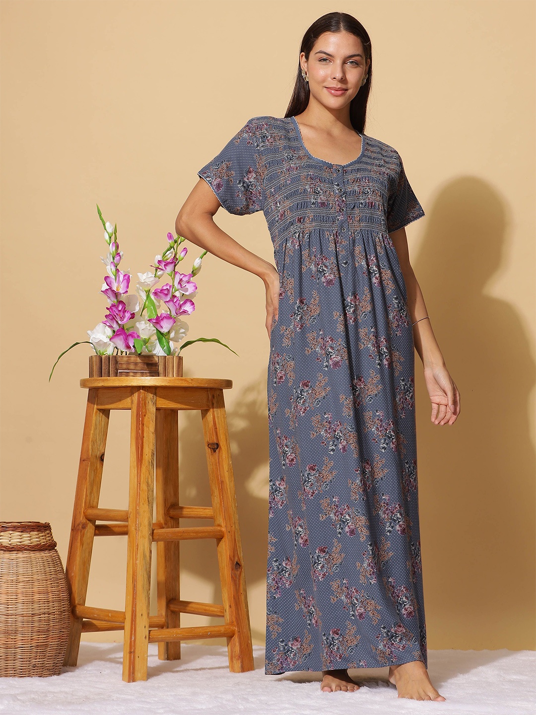 

9shines Label Floral Printed Maxi Regular Nightdress, Grey