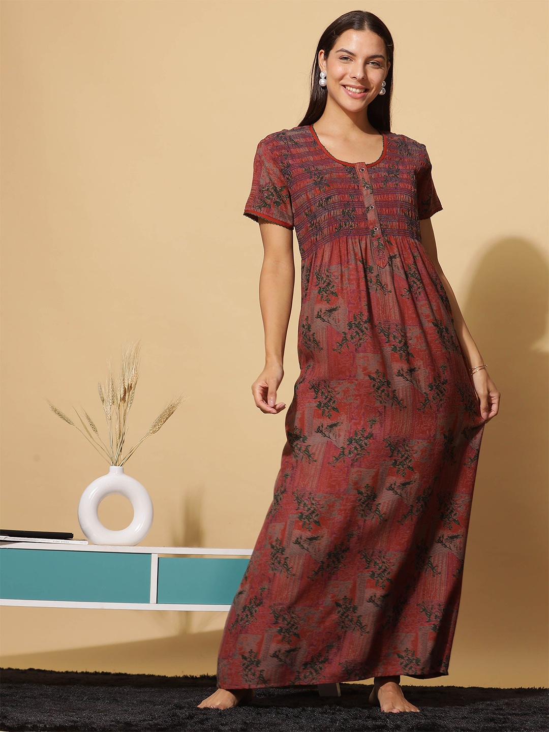 

9shines Label Smokey Floral Printed Maxi Regular Nightdress, Rust