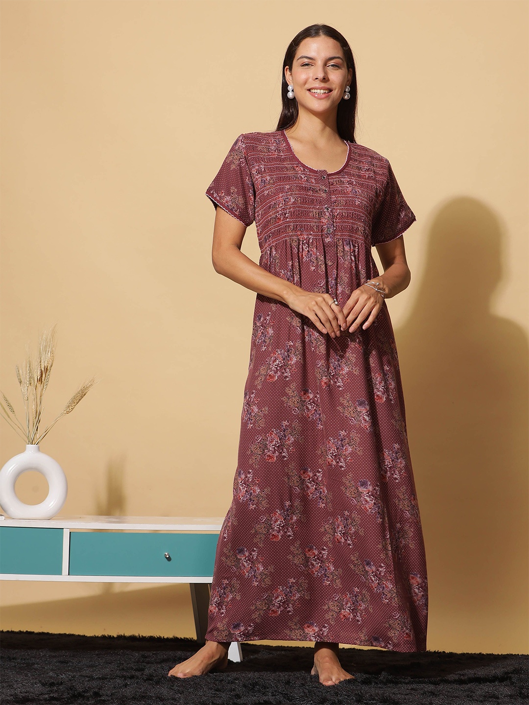 

9shines Label Smokey Floral Printed Maxi Regular Nightdress, Maroon