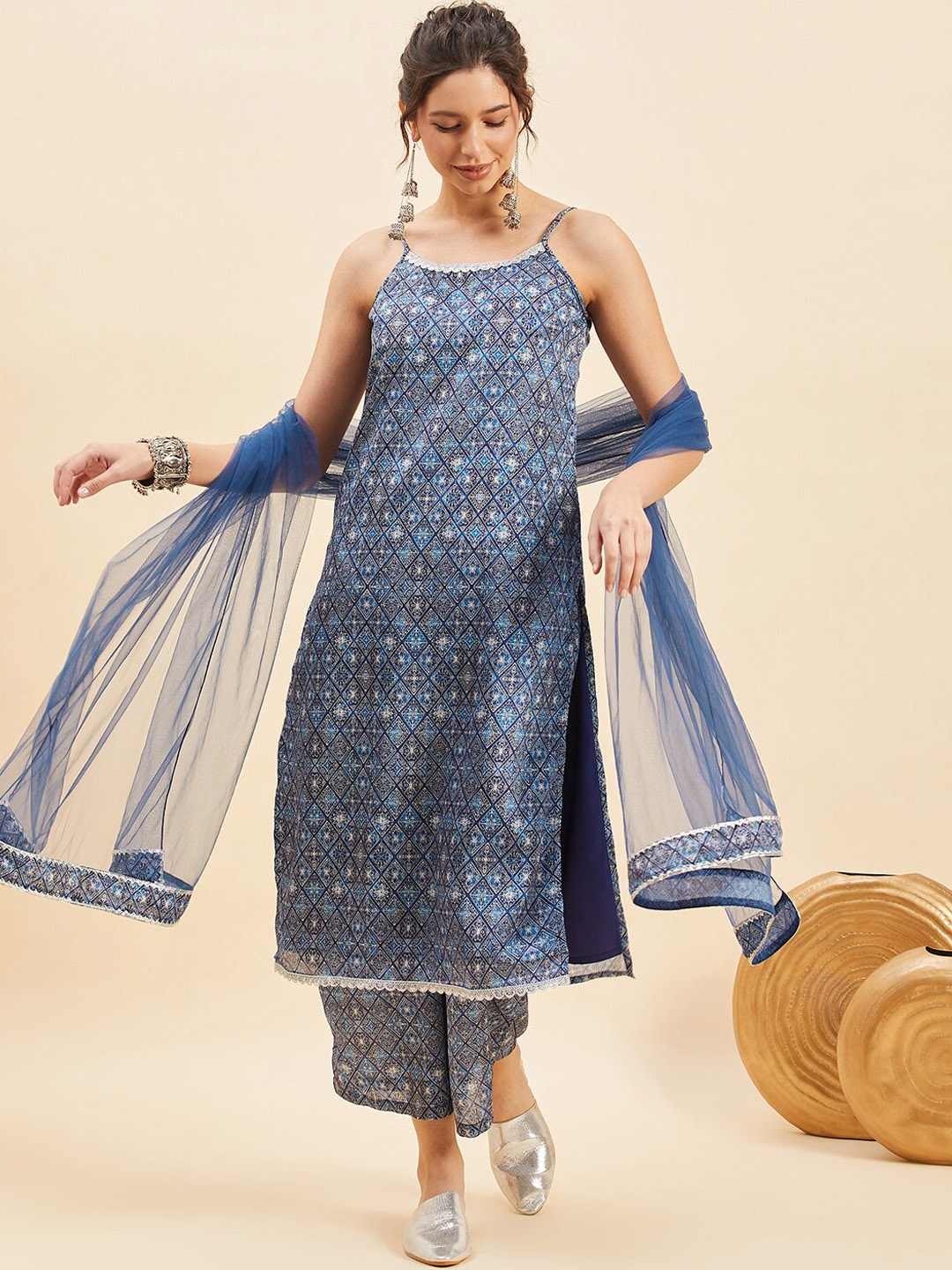 

PANIT Geometric Printed Shoulder Straps Straight Kurta With Palazzo & Dupatta, Navy blue
