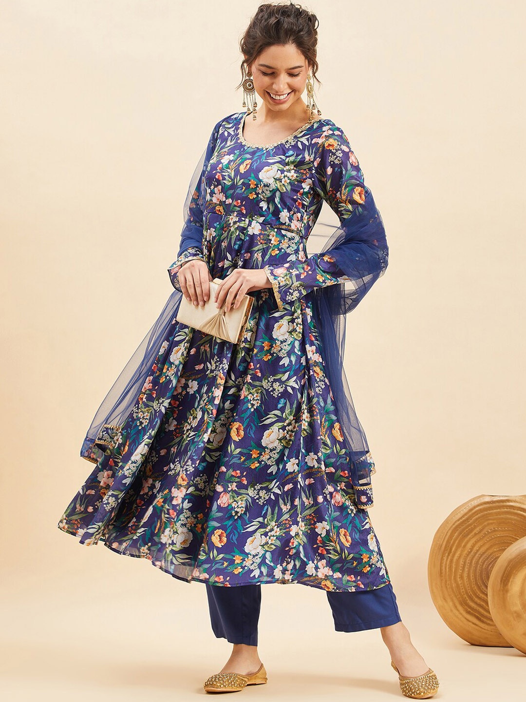 

PANIT Floral Printed Pleated Anarkali Kurta With Trousers & Dupatta, Navy blue