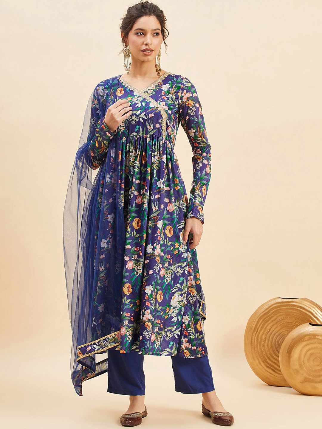 

PANIT Floral Printed Angrakha Anarkali Kurta With Trousers & Dupatta, Navy blue