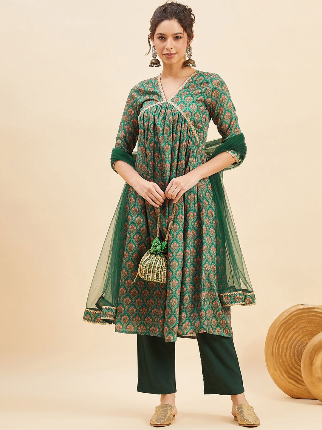 

PANIT Floral Printed Empire Anarkali Kurta With Trousers & Dupatta, Green