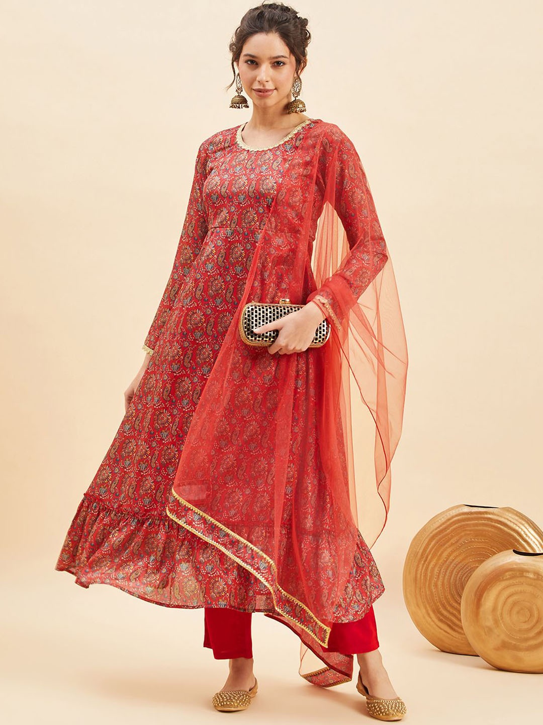 

PANIT Floral Printed Empire Anarkali Kurta With Trousers & Dupatta, Red