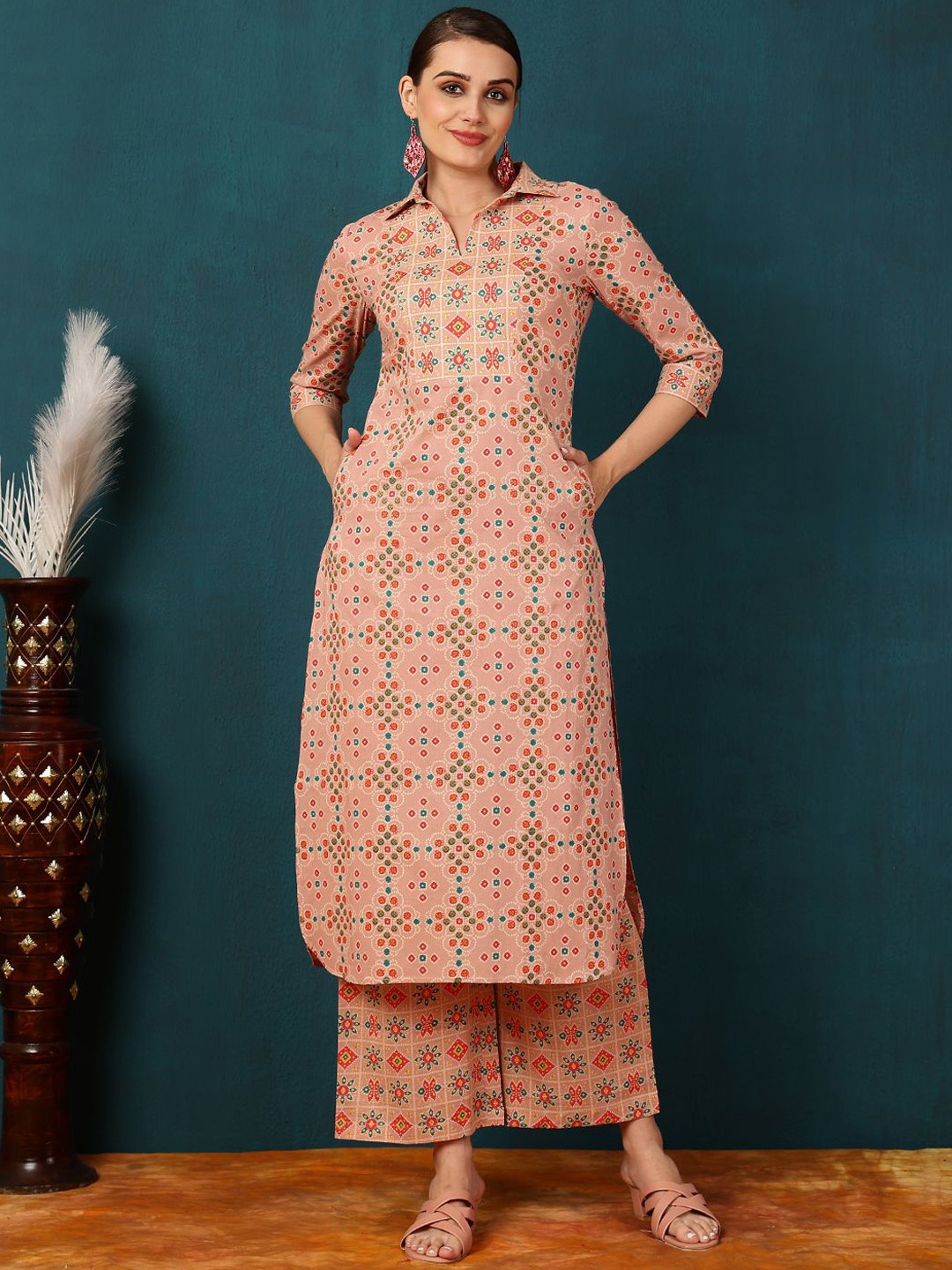 

GULMOHAR JAIPUR Floral Printed Shirt Collar Straight Kurta with Palazzos, Peach