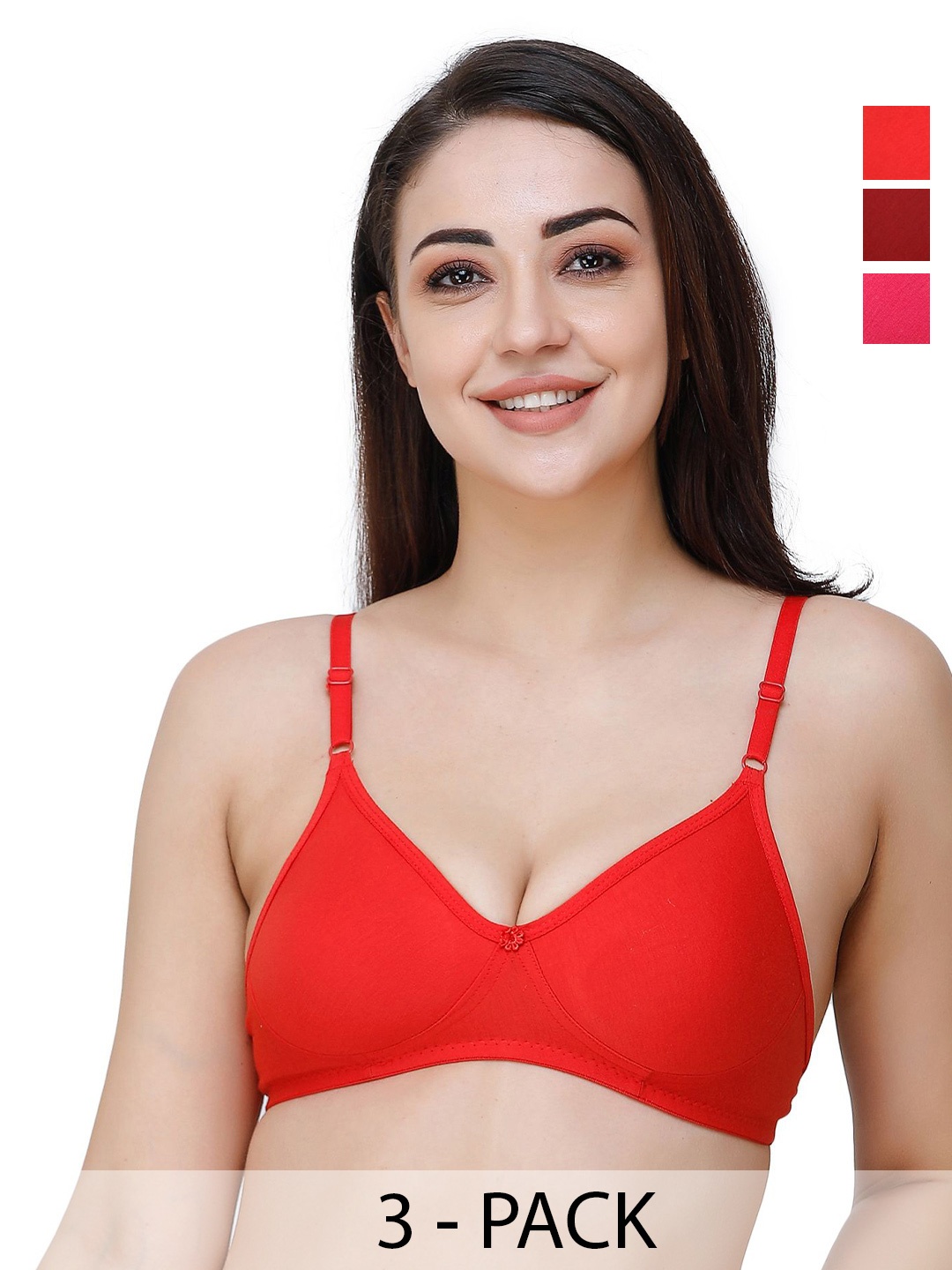 

Docare Pack Of 3 Full Coverage Seamless Non Padded T Shirt Bra All Day Comfort, Red