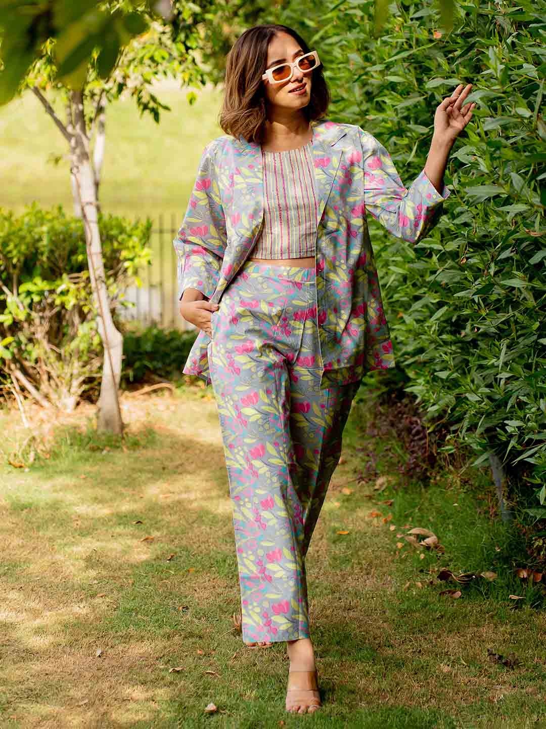 

KALINI Floral Printed Lapelled Collar Pure Cotton Top With Trousers & Jacket, Grey