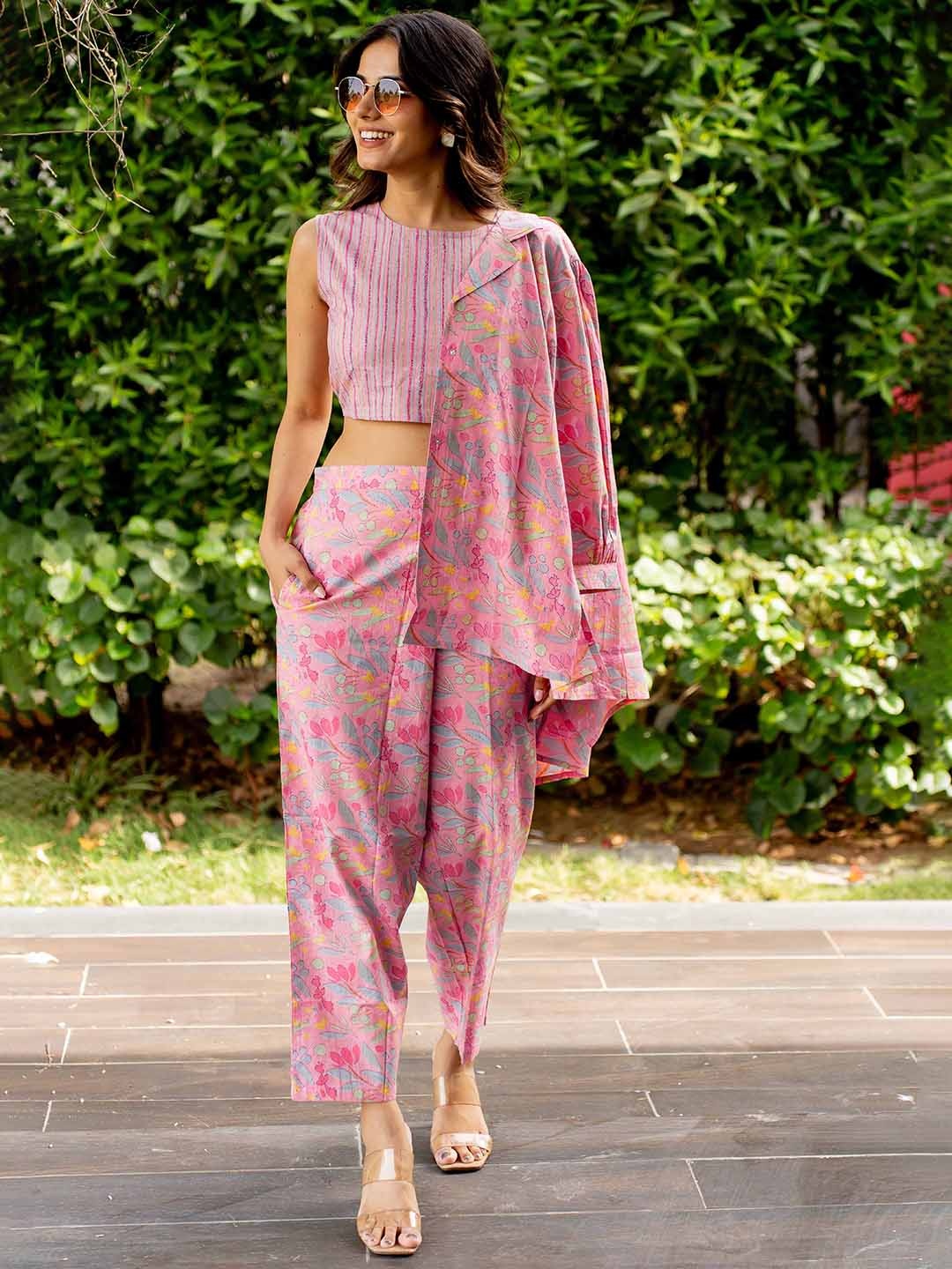 

KALINI Floral Printed Lapelled Collar Pure Cotton Top With Trousers & Jacket, Peach