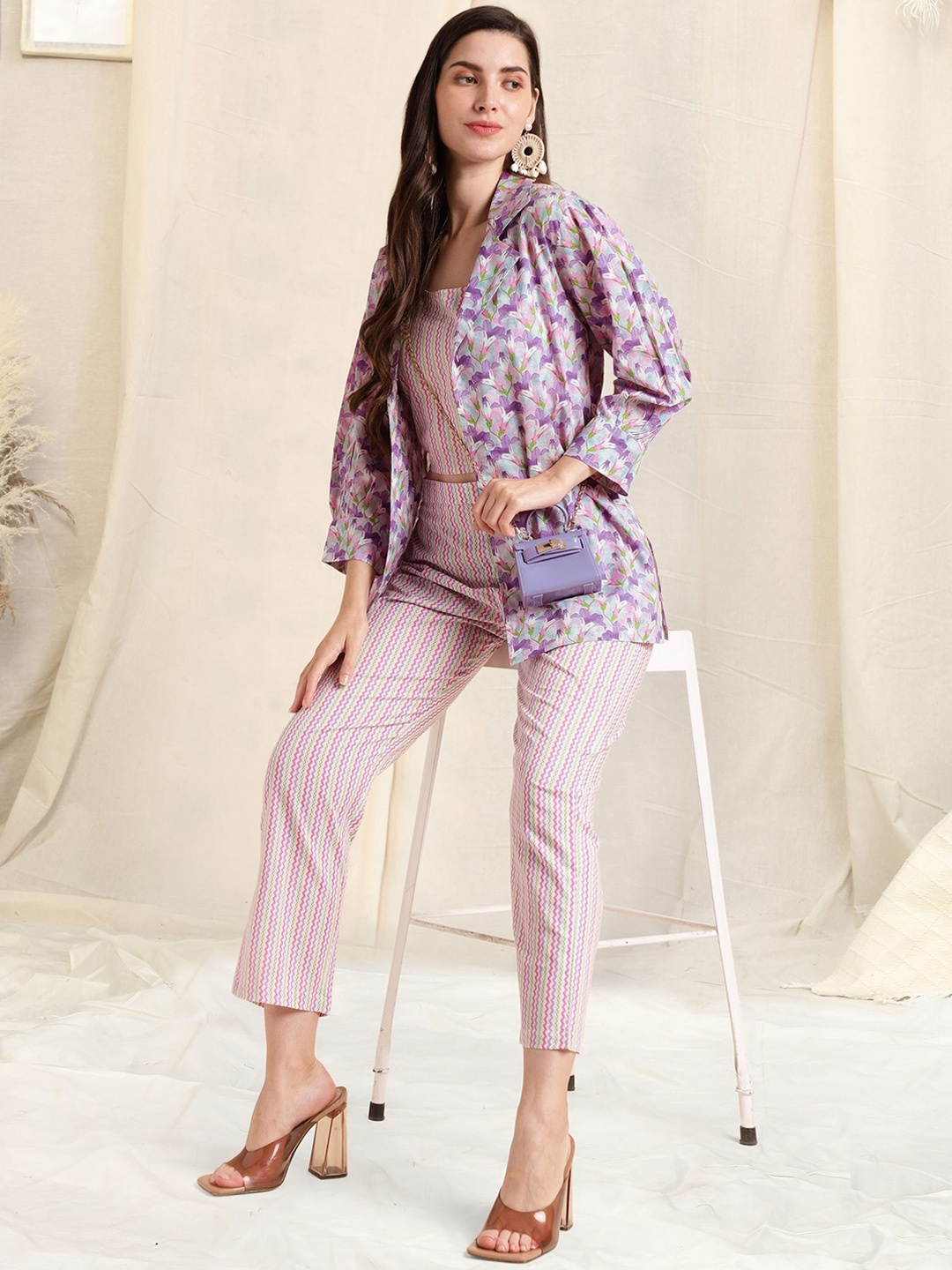 

KALINI Floral Printed Round Neck Pure Cotton Top With Jacket & Trousers, Purple