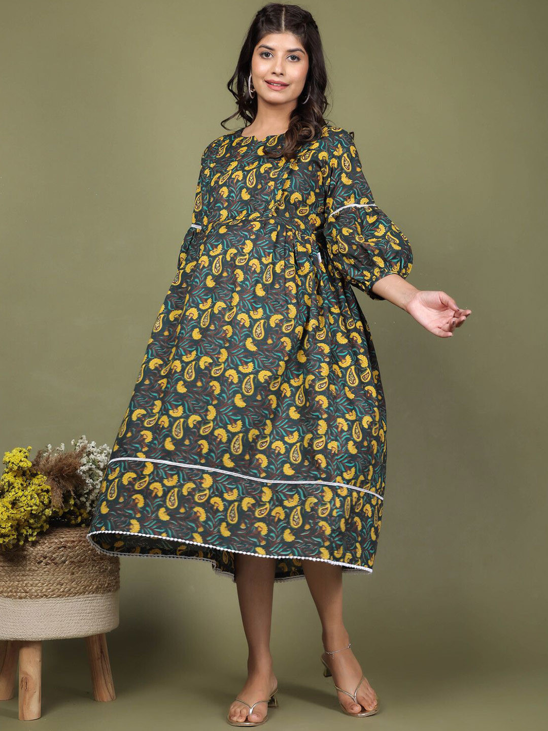 

LALI JAIPUR Floral Printed Puff Sleeves Cotton Maternity A-Line Dress, Green