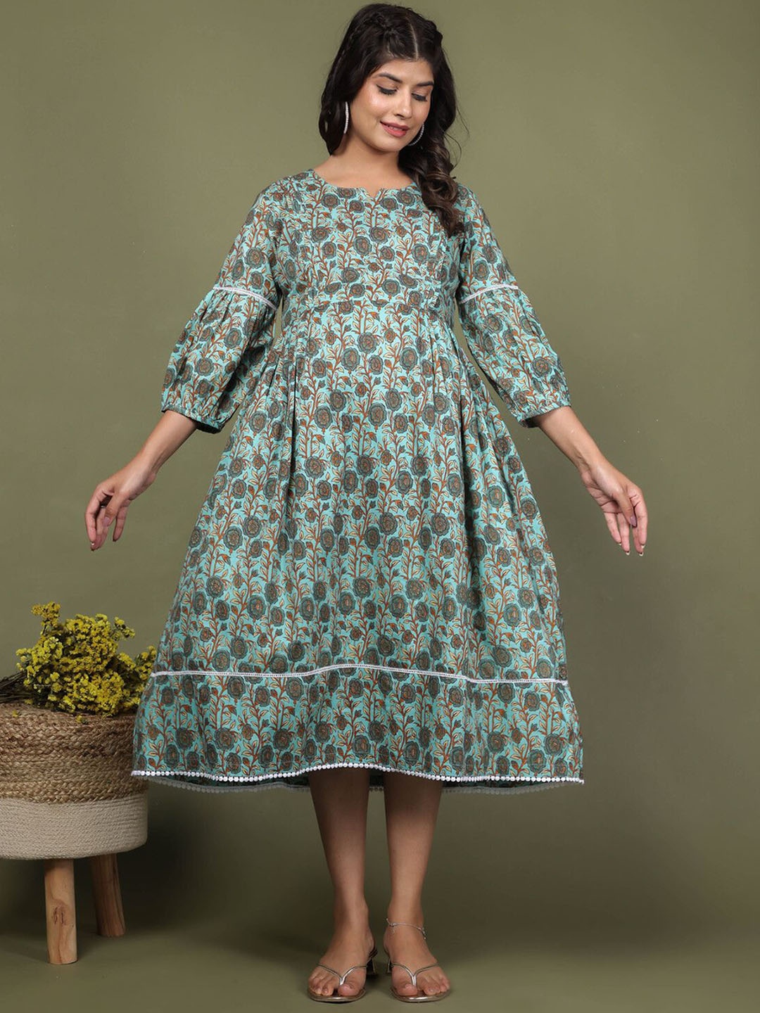 

LALI JAIPUR Floral Printed Puff Sleeves Cotton Maternity Dress, Green