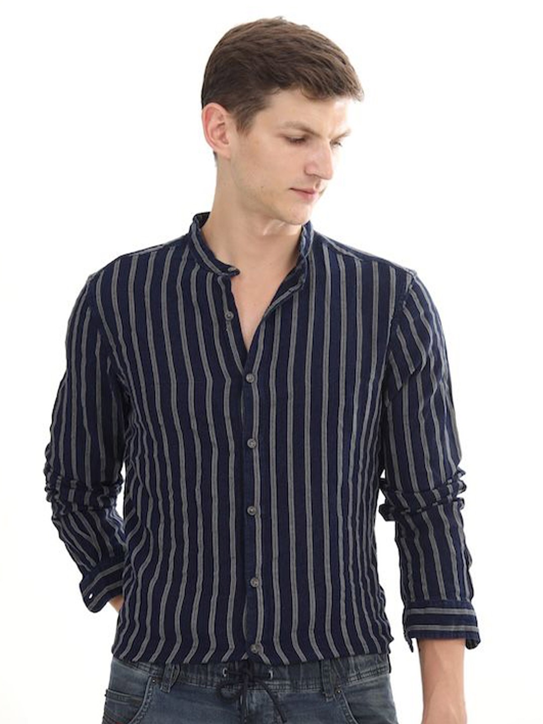 

POE Smart Slim Fit Mandarin Collar Striped Cotton Casual Shirt, Navy blue