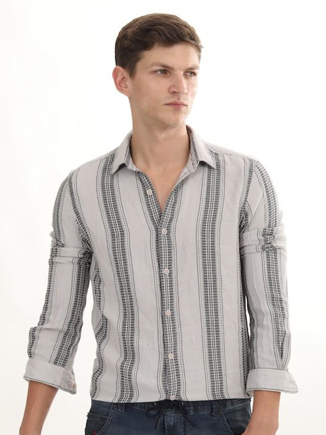 

POE Smart Slim Fit Spread Collar Multi Stripes Striped Cotton Casual Shirt, Grey