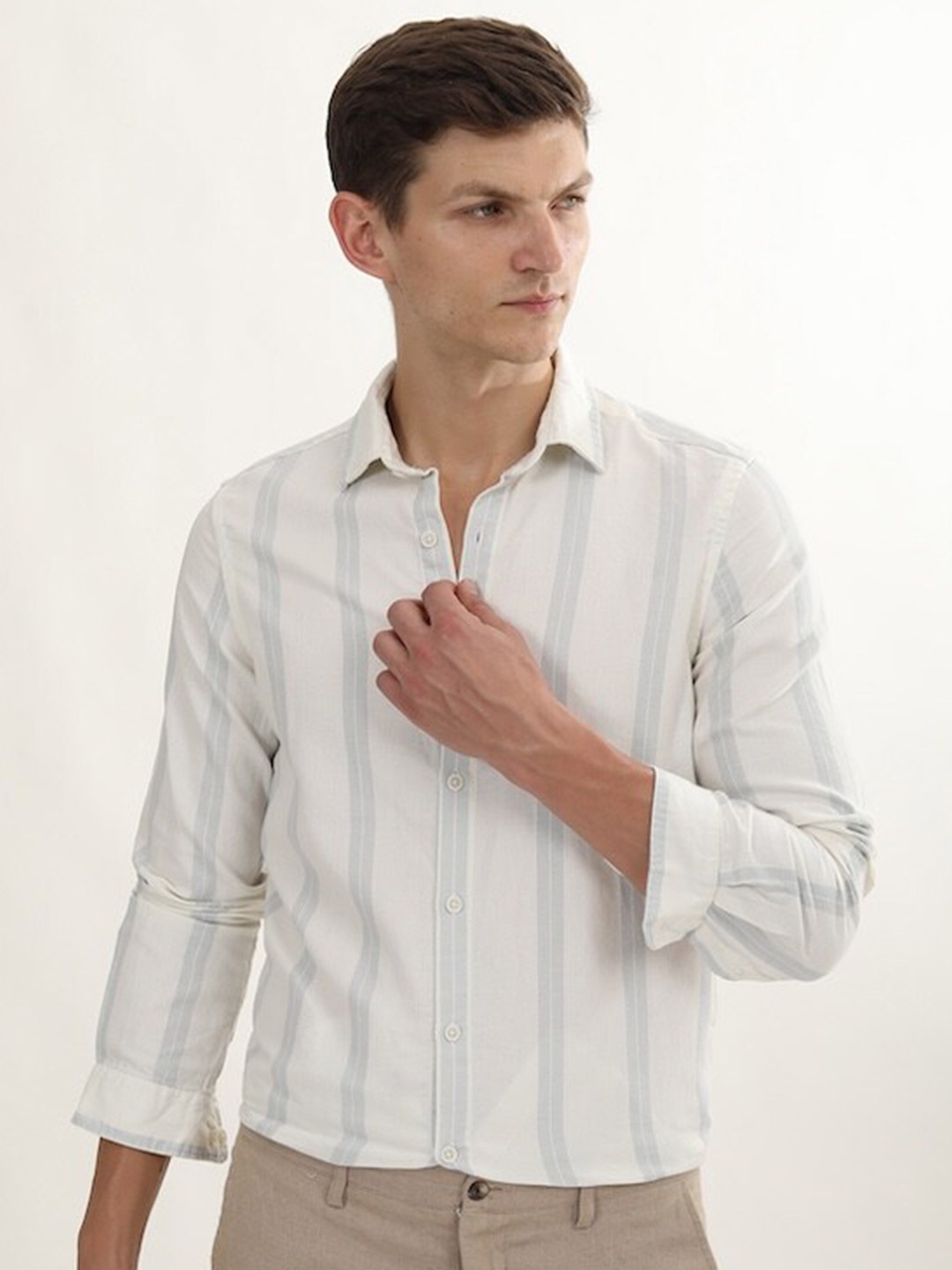 

POE Smart Slim Fit Spread Collar Striped Cotton Casual Shirt, Off white