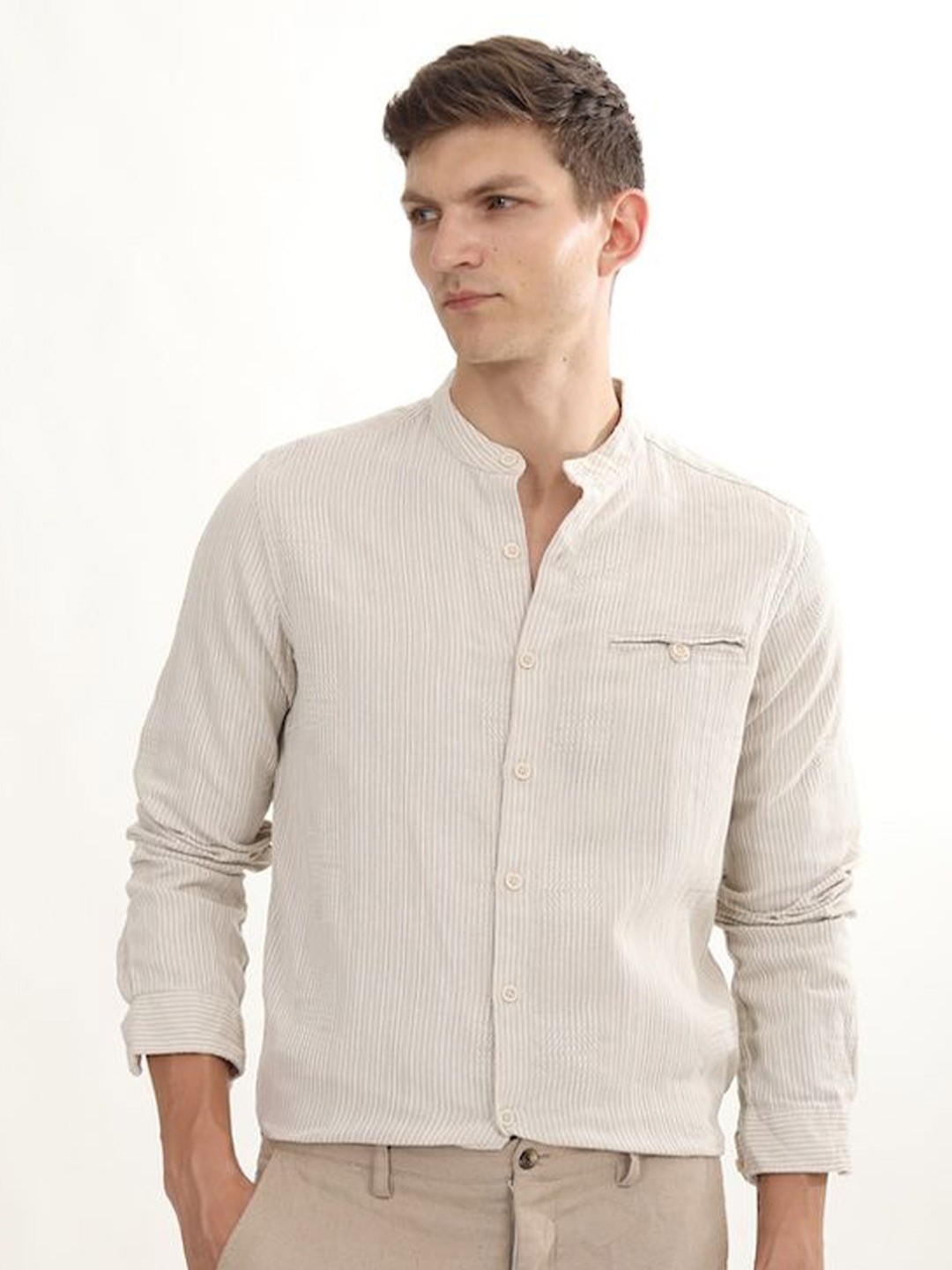 

POE Smart Slim Fit Mandarin Collar Cotton Casual Shirt, Beige