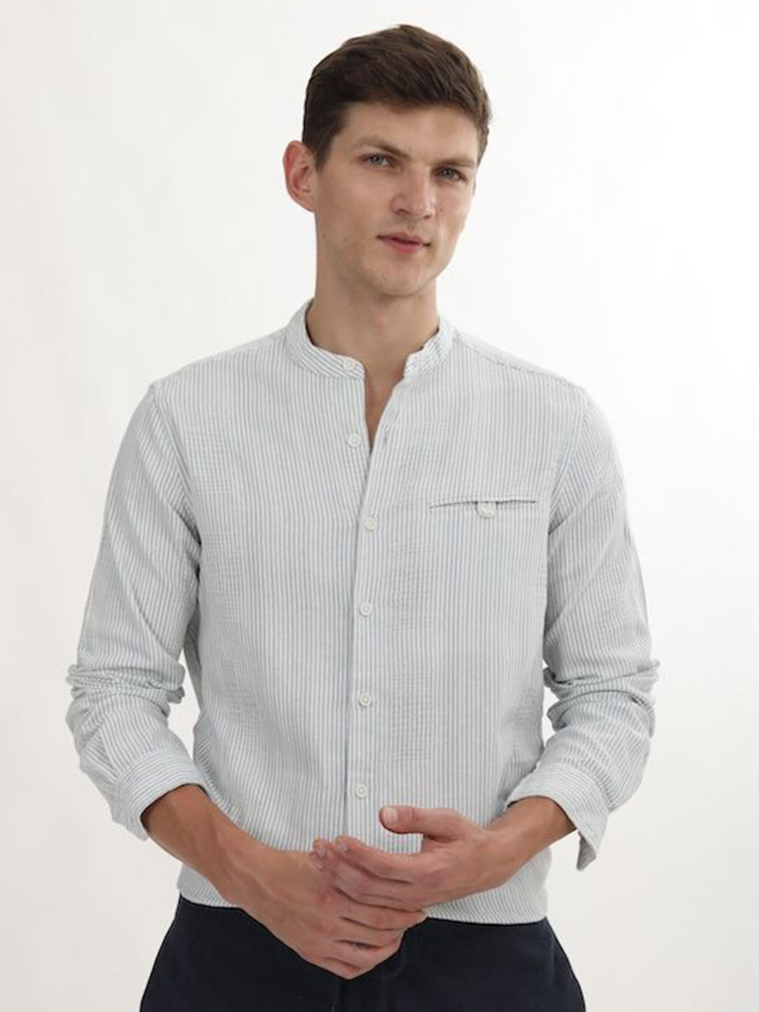 

POE Smart Slim Fit Mandarin Collar Striped Cotton Casual Shirt, Blue