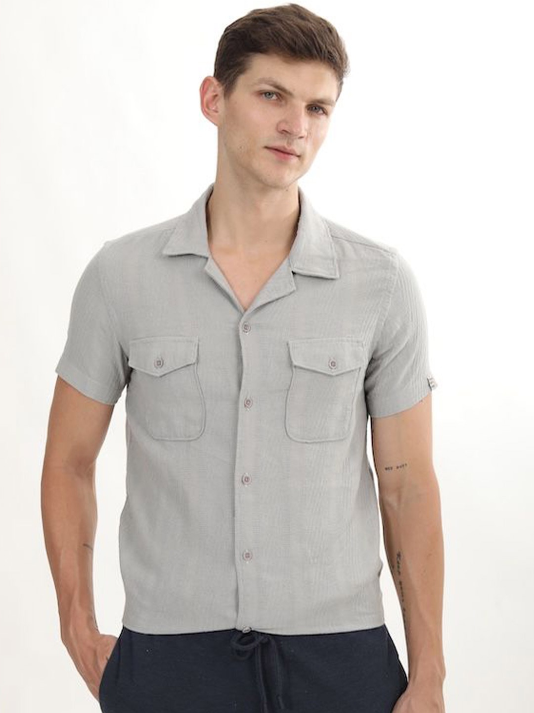 

POE Smart Slim Fit Cuban Collar Cotton Casual Shirt, Grey