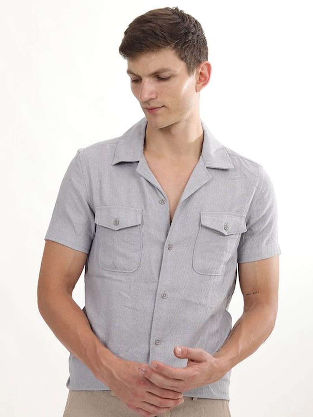 

POE Spread Collar Short Sleeves Smart Slim Fit Cotton Casual Shirt, Lavender