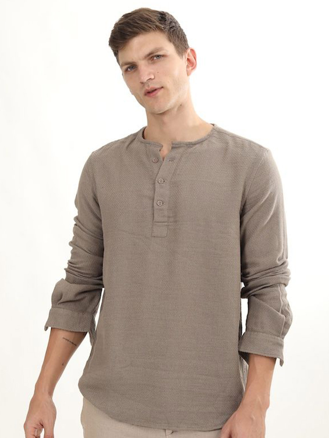 

POE Smart Slim Fit Henley Neck Cotton Casual Shirt, Khaki