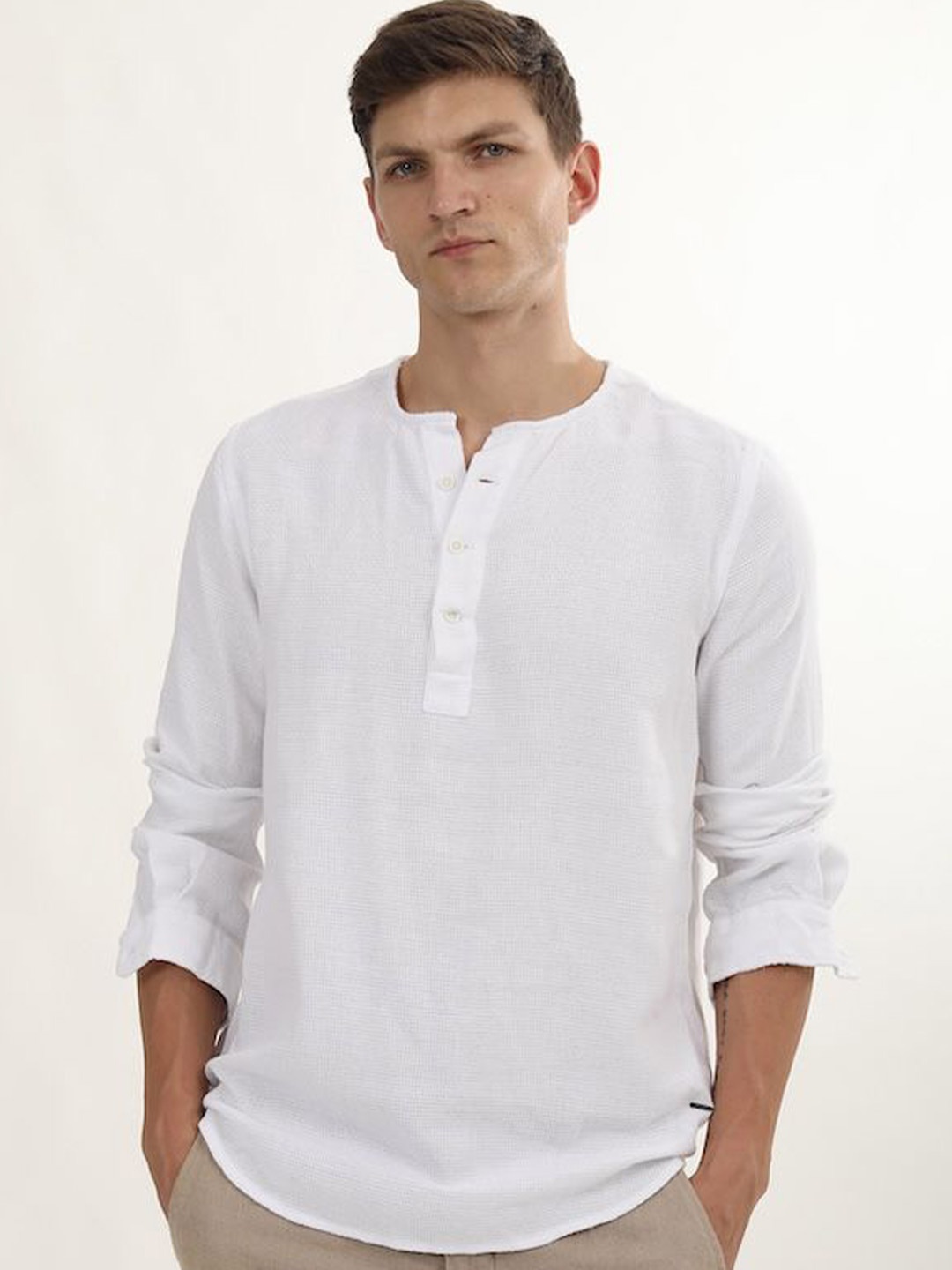 

POE Smart Slim Fit Henley Neck Cotton Casual Shirt, White