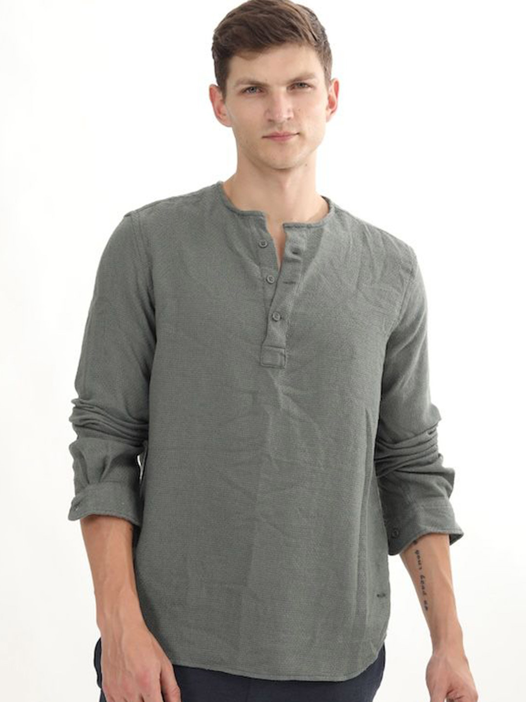 

POE Smart Slim Fit Henley Neck Cotton Casual Shirt, Grey