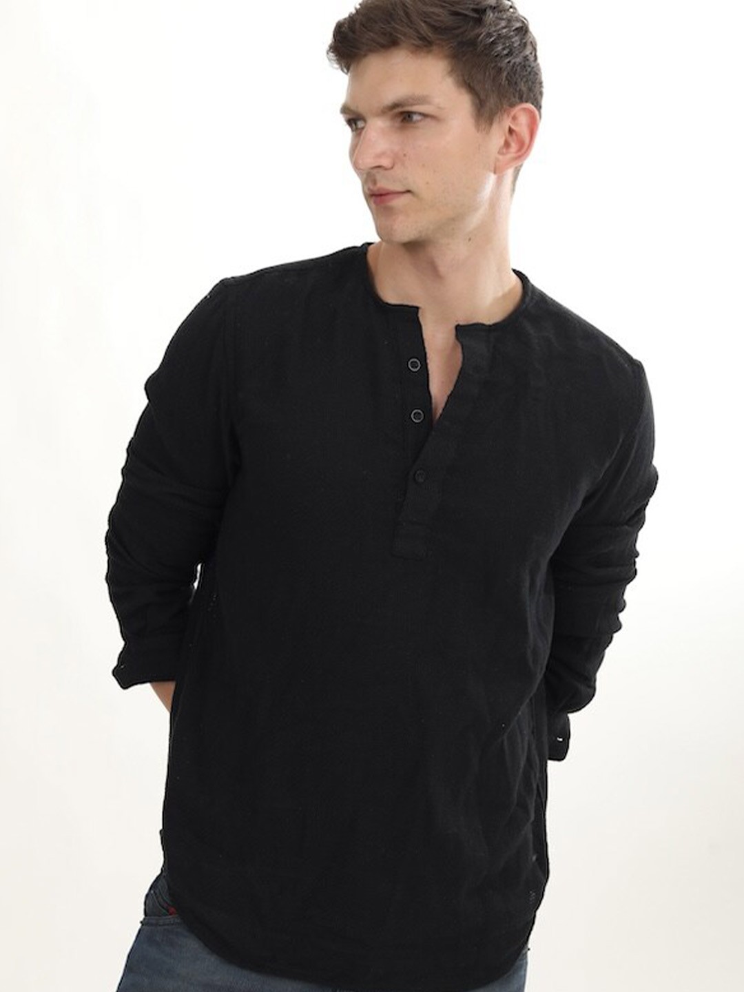 

POE Henley Neck Long Sleeves Smart Slim Fit Cotton Casual Shirt, Black