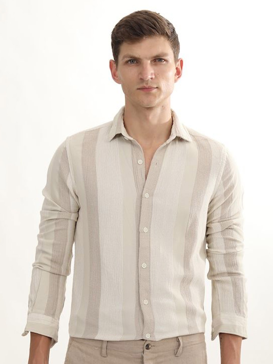 

POE Spread Collar Long Sleeves Smart Slim Fit Cotton Striped Casual Shirt, Beige