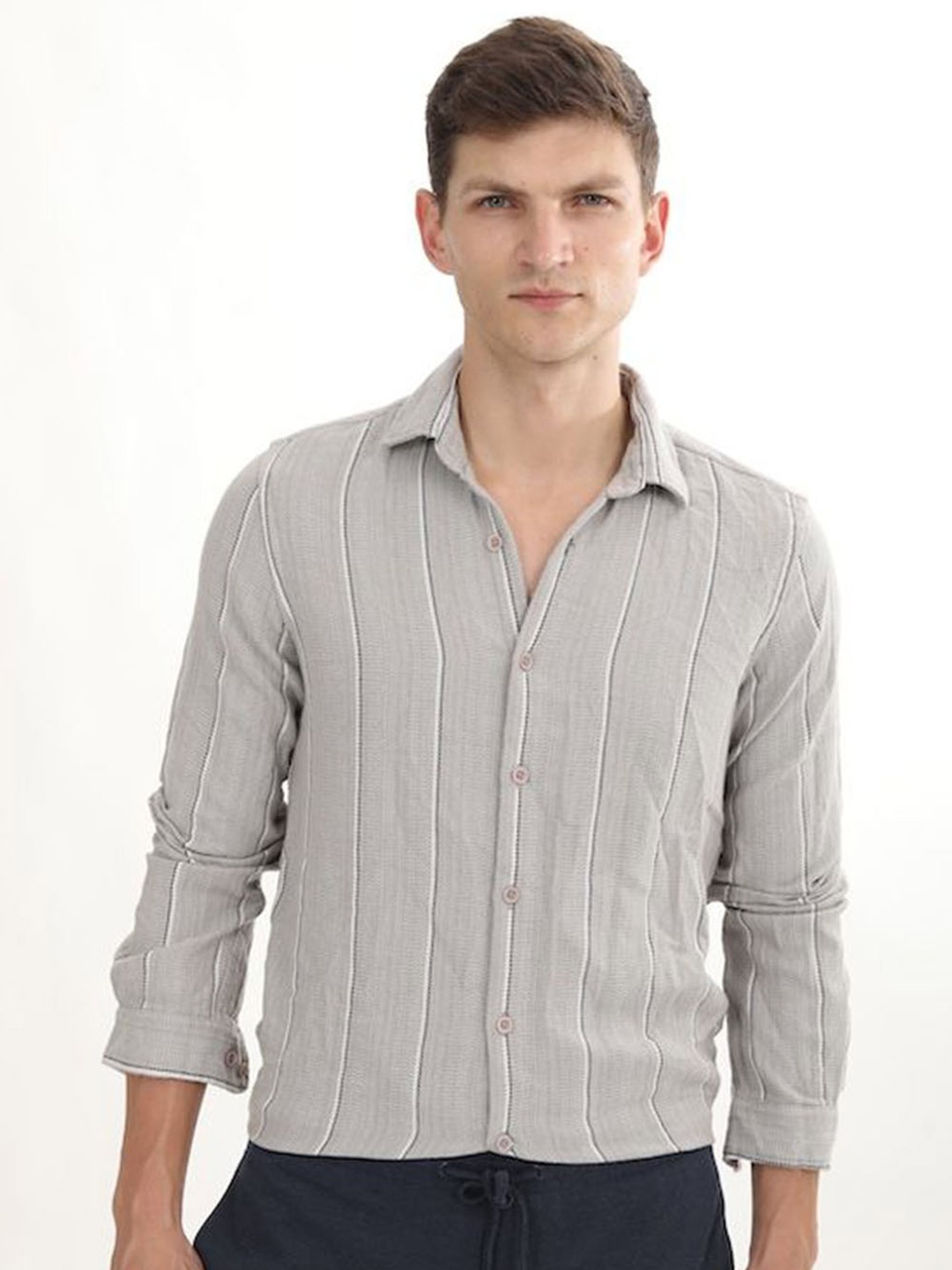 

POE Spread Collar Long Sleeves Smart Slim Fit Cotton Striped Casual Shirt, Beige