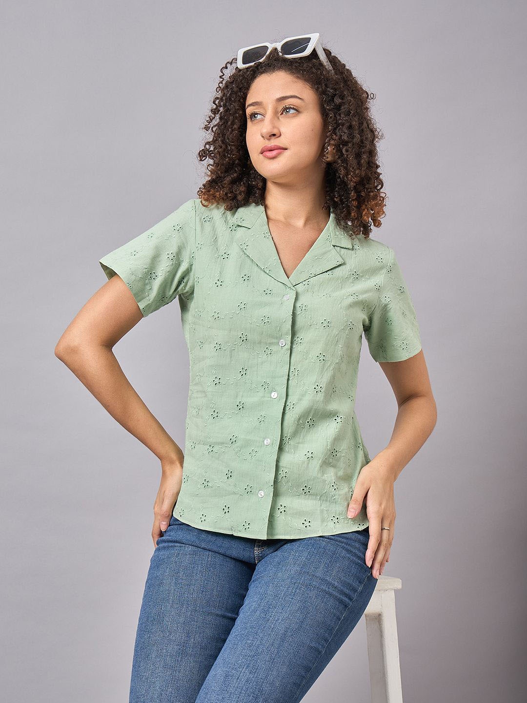 

The Roadster Lifestyle Co. Green Schiffli Embroidered Cotton Shirt Style Top