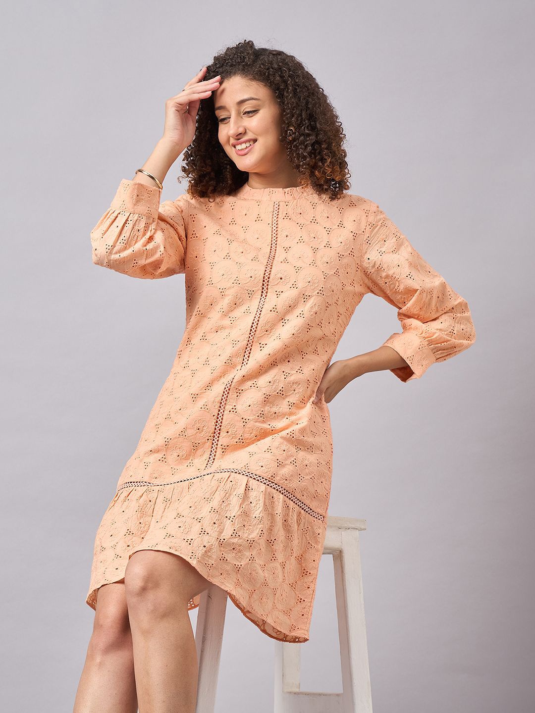 

The Roadster Lifestyle Co. Self Design Schiffli Choker Neck Cotton A-Line Mini Dress, Peach