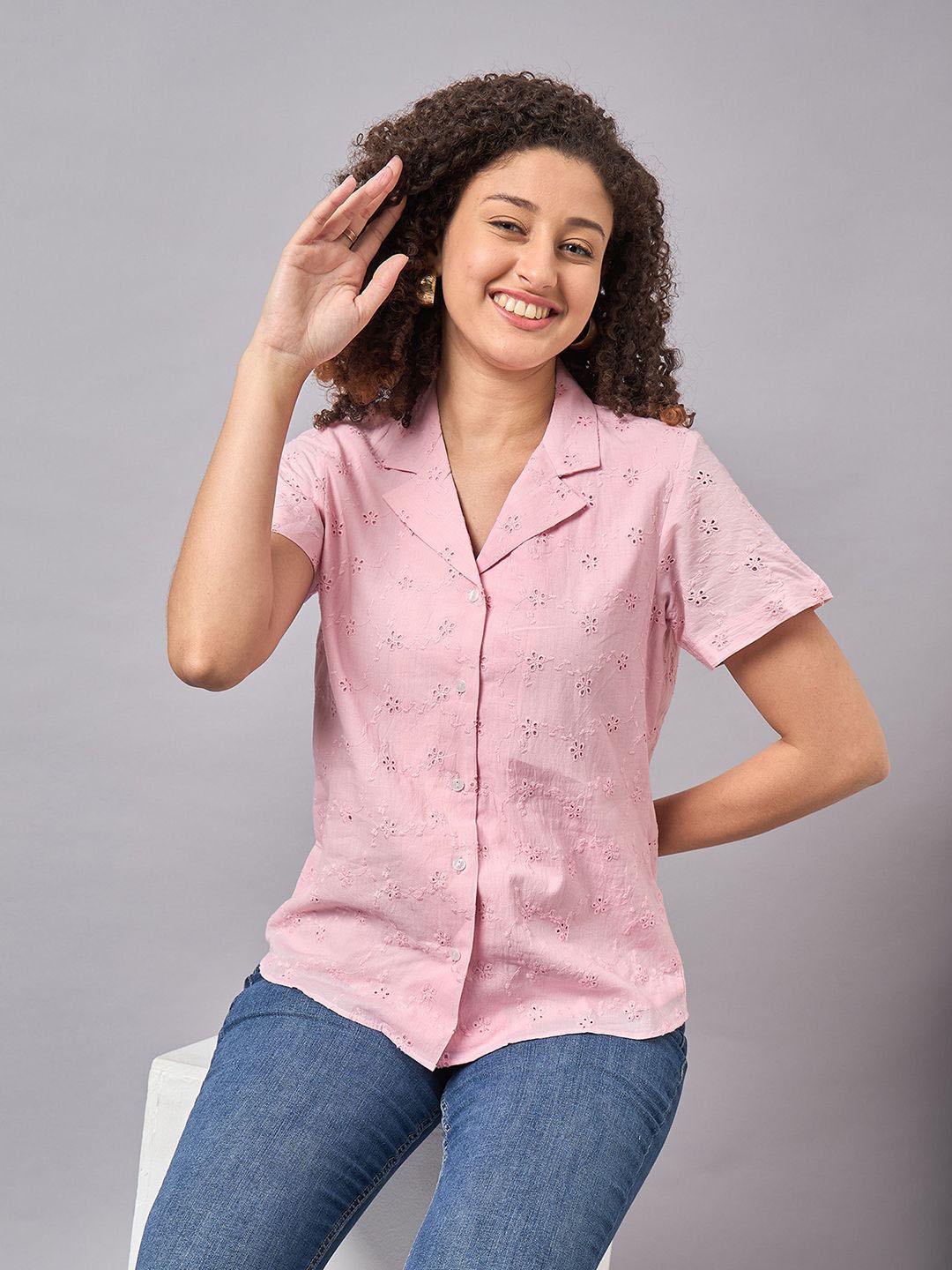 

The Roadster Lifestyle Co. Pink Schiffli Embroidered Cotton Shirt Style Top