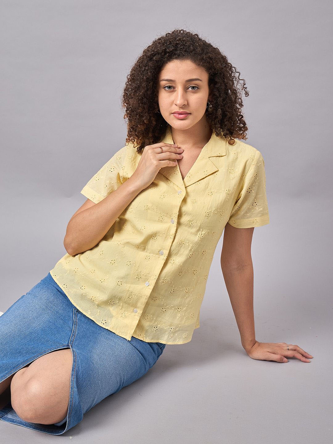 

The Roadster Lifestyle Co. Yellow Schiffli Embroidered Cotton Shirt Style Top