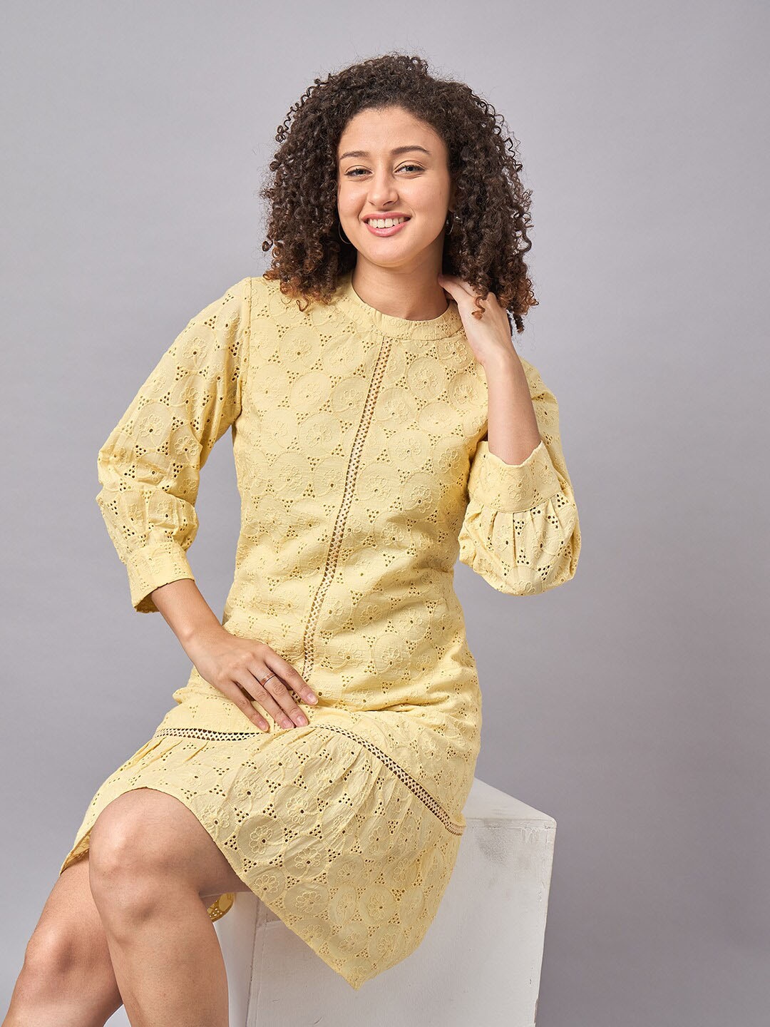 

The Roadster Lifestyle Co Schiffli Cotton A-Line Dress, Yellow