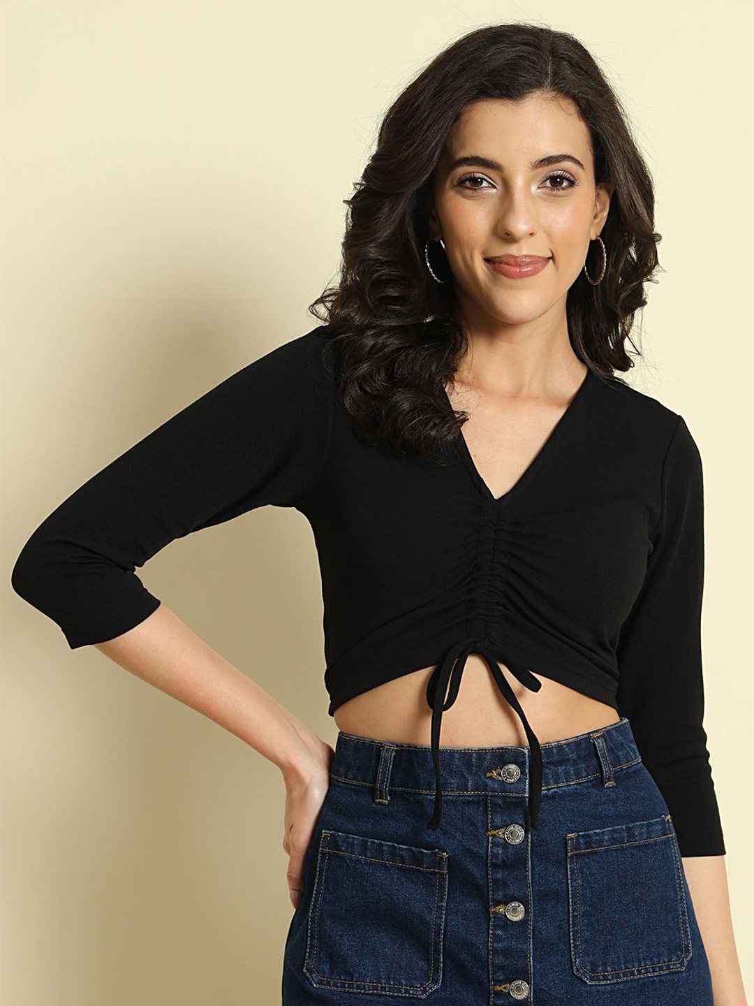 

Trend Arrest Solid Waist Tie-Ups Crop Top, Black