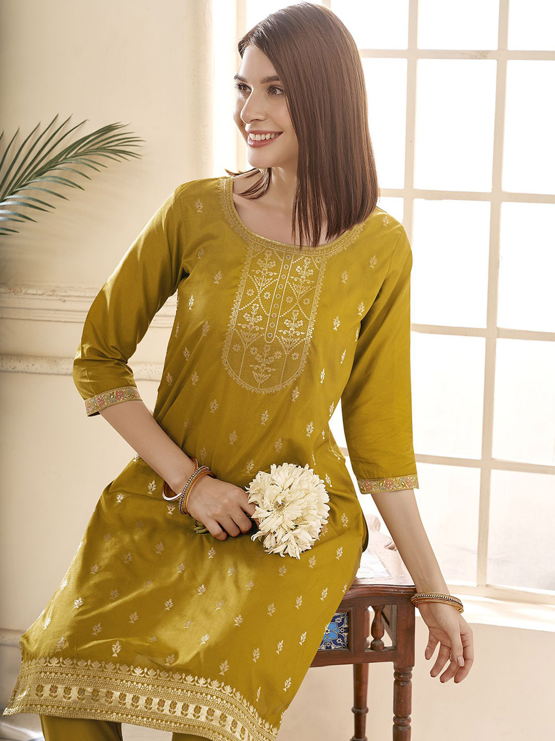 

Anouk Mustard Yellow Floral Woven Design Zari Straight Kurta With Trousers