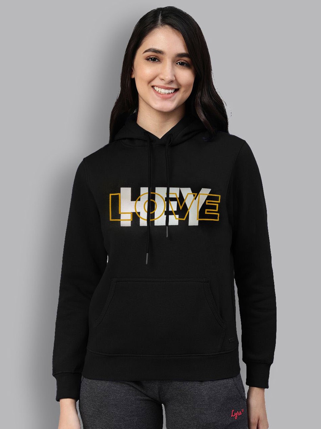 

LYRA Typography Printed Hooded Pullover Cotton Sweatshirt, Black