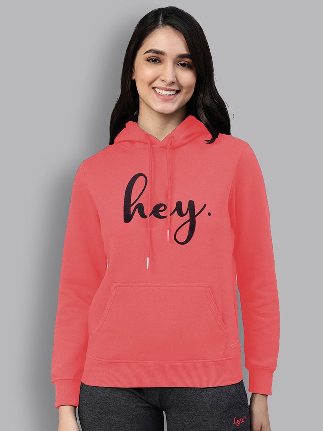 

LYRA Typography Printed Hooded Pullover Cotton Sweatshirt, Coral