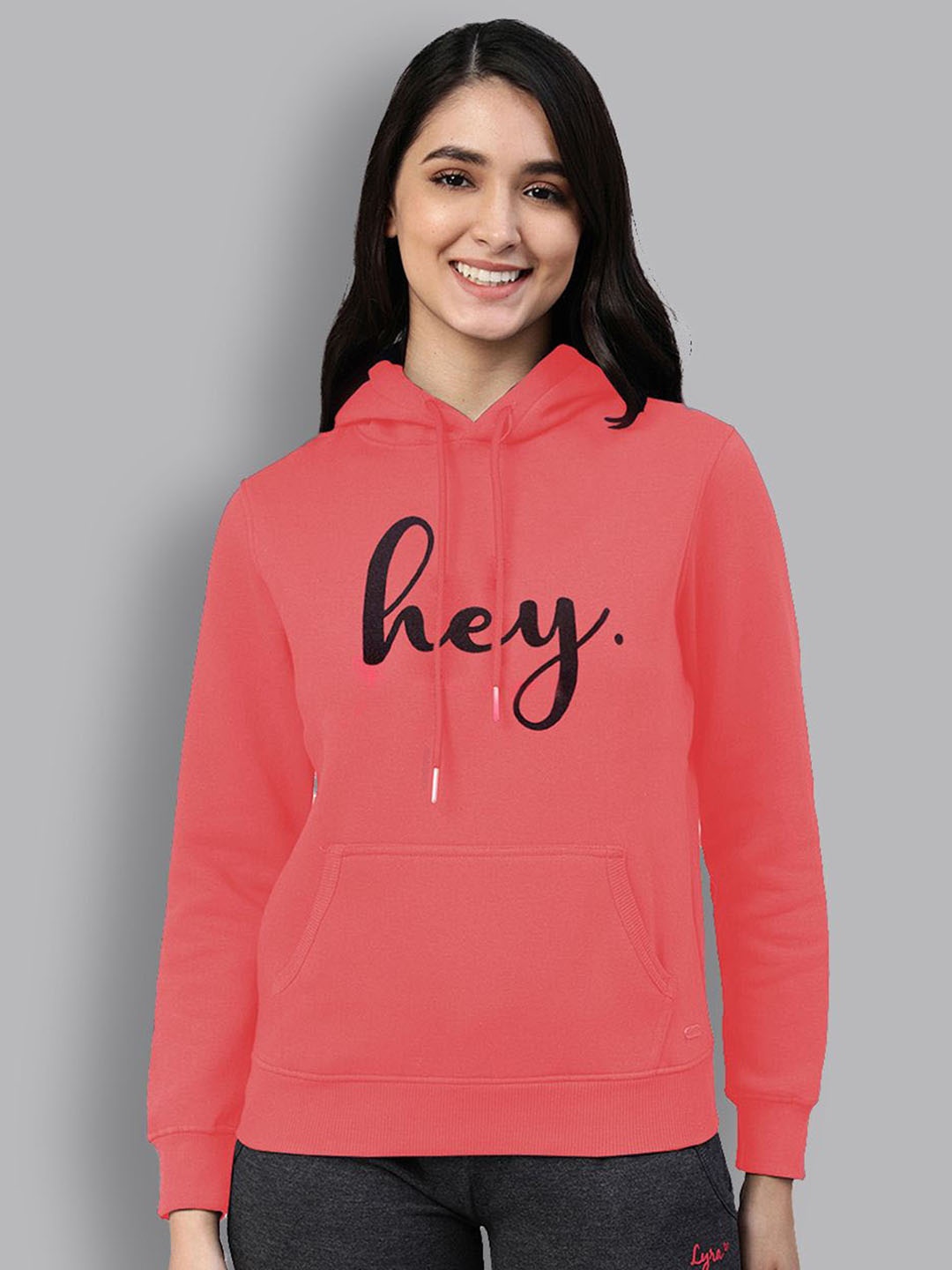 

LYRA Typography Printed Hooded Pullover Cotton Sweatshirt, Coral