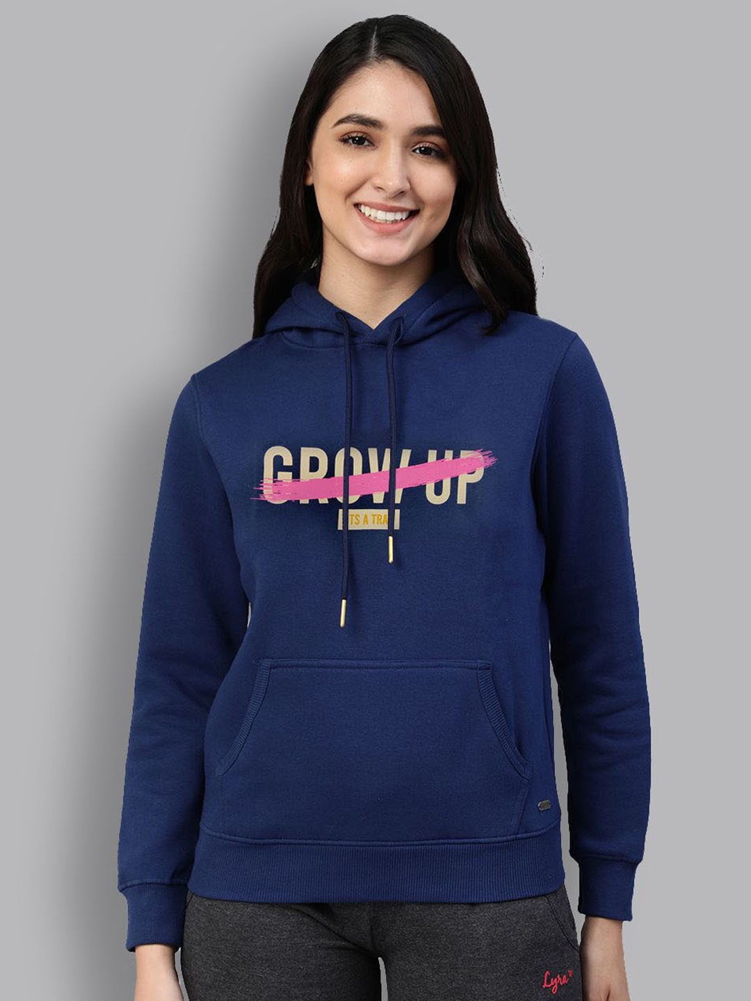 

LYRA Typography Printed Hooded Cotton Pullover Sweatshirt, Navy blue